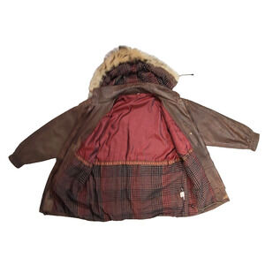 Wild Cats Pelsnoer Denmark Women Brown Leather Plaid Lining Hooded Jacket Coat M